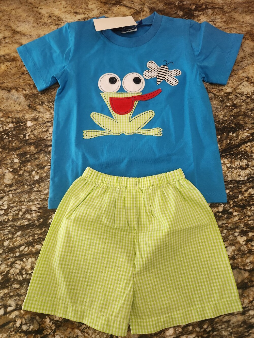Blue Frog Appliqué Kids Matching Set with Lime Gingham Shorts